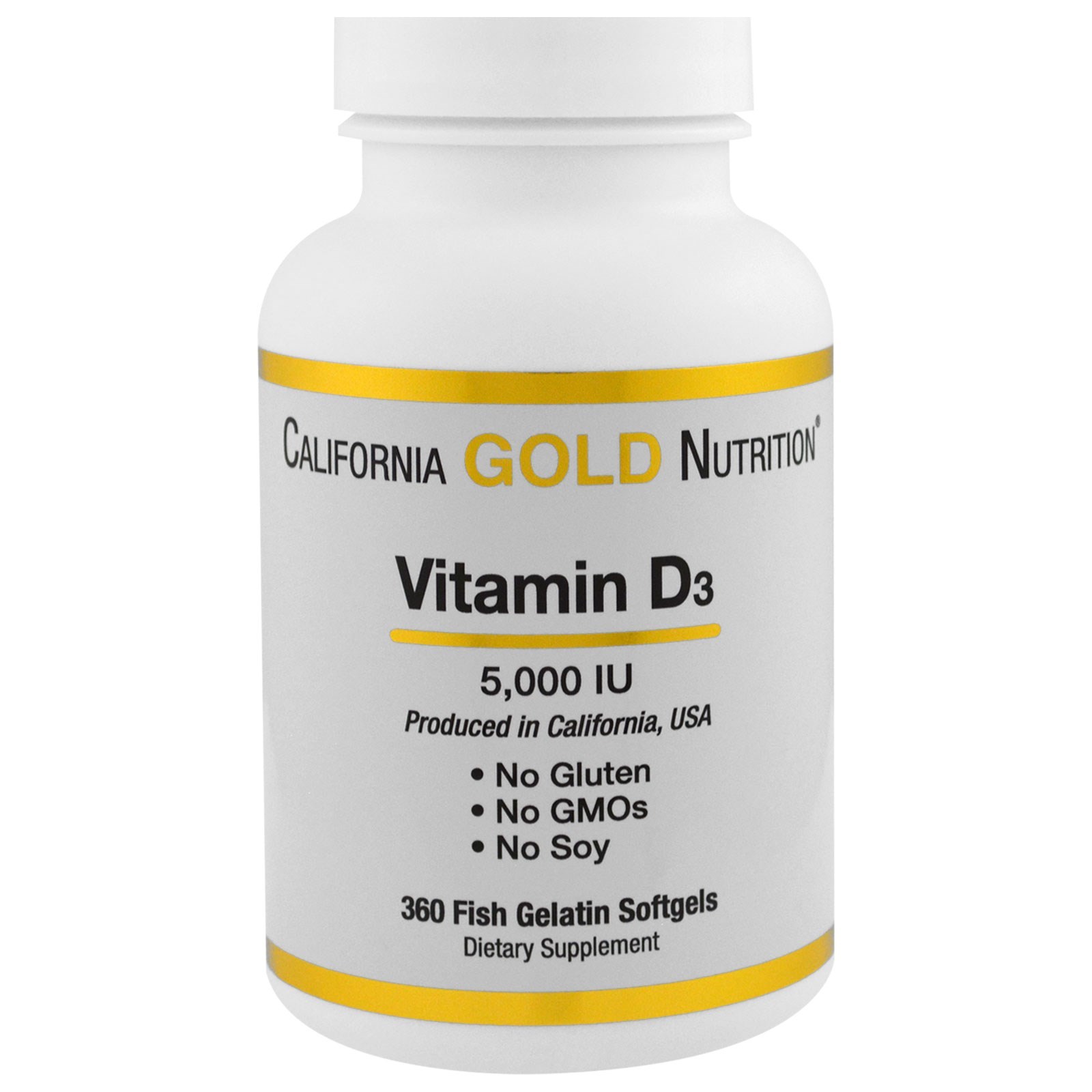 California Gold Nutrition, Витамин D3, 5000 IU, 360 рыбных желатиновых капсул
