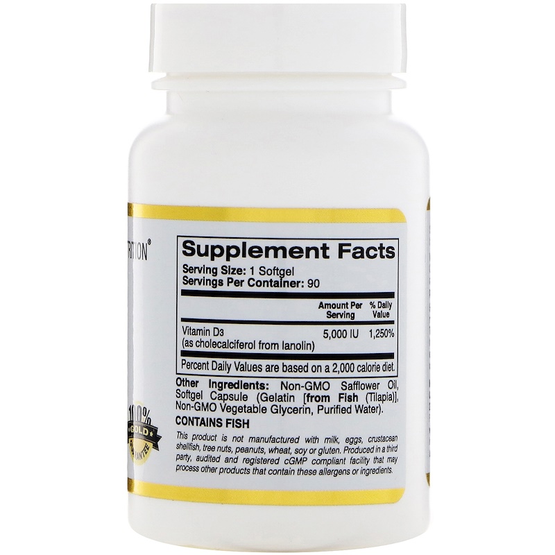 California Gold Nutrition, Витамин D3, 5000 IU, 90 рыбных желатиновых капсул — изображение 2