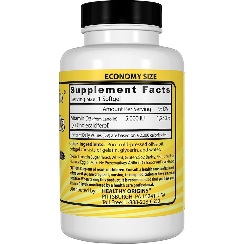 Healthy Origins, Витамин D3, 5 000 МЕ, 360 желатиновых капсул — изображение 2
