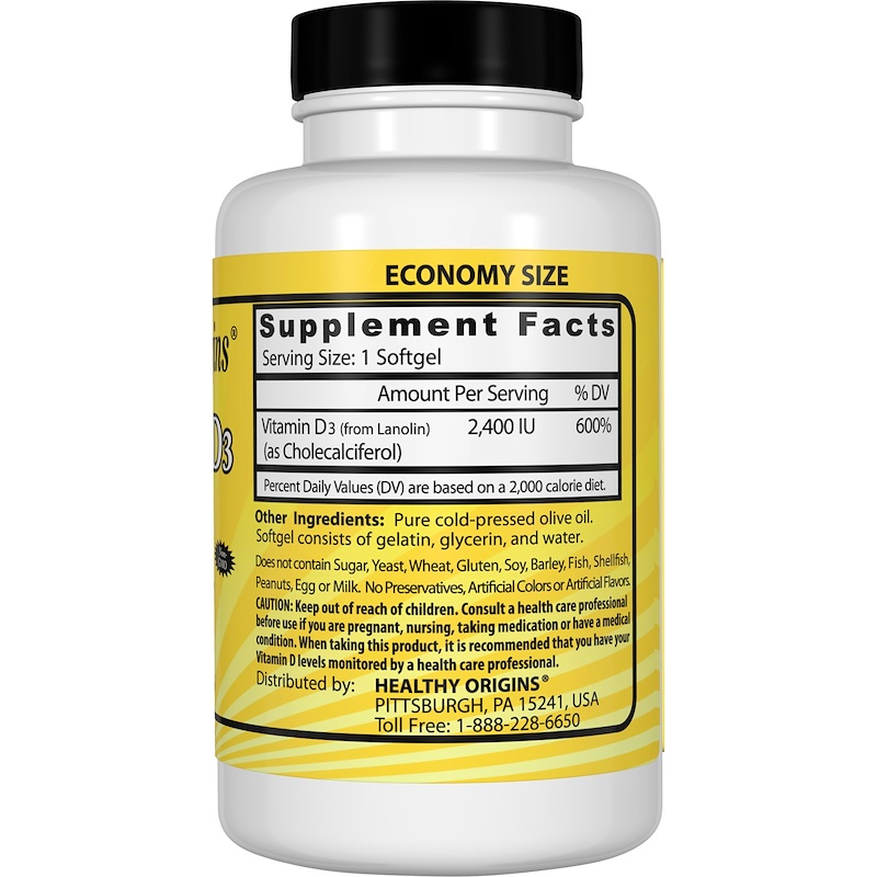 Healthy Origins, Витамин D3, 2400 МЕ, 360 мягких капсул — изображение 2