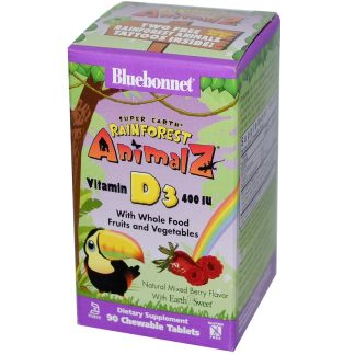 Bluebonnet Nutrition Super Earth Rainforest Animalz Vitamin D3 Mixed Berry 400 IU 90 Chewable Tablets