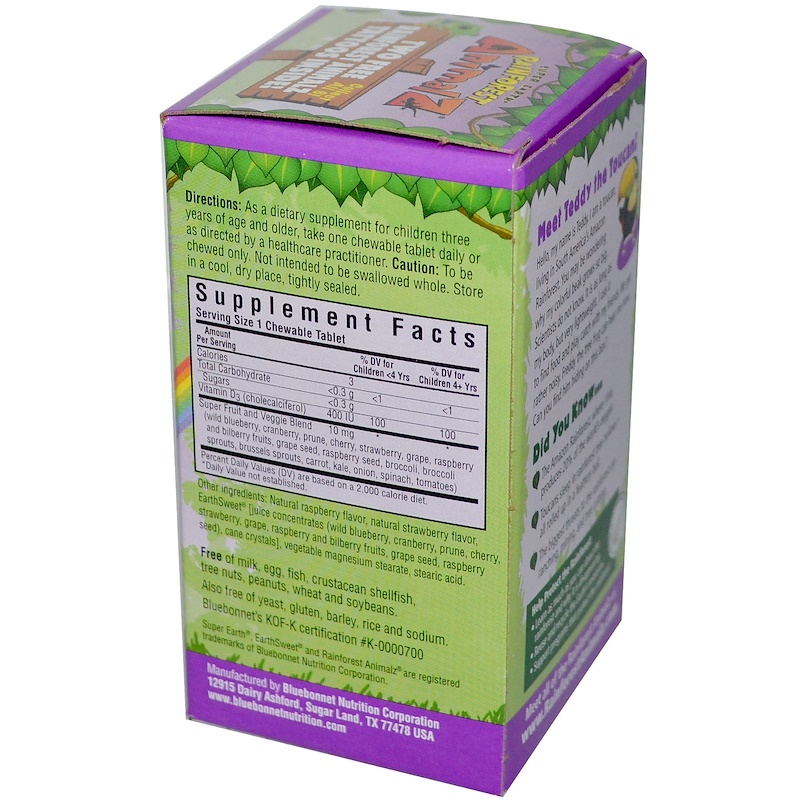Bluebonnet Nutrition Super Earth Rainforest Animalz Vitamin D3 Mixed Berry 400 IU 90 Chewable Tablets — изображение 2
