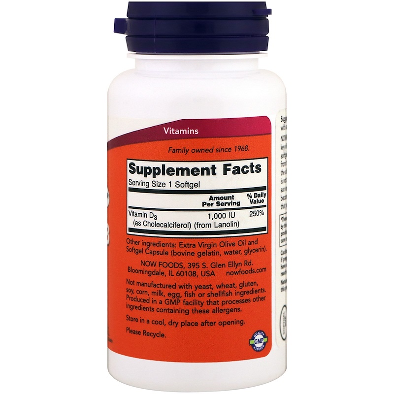 Now Foods, Витамин D-3 1000 МЕ, 360 капсул — изображение 2