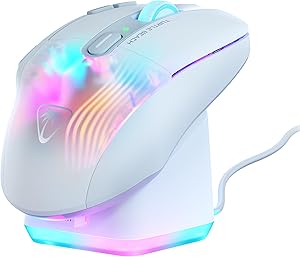 Turtle Beach Kone XP Air Wireless Customizable Ergonomic RGB Gaming Mouse, Bluetooth, 19K DPI Optical Sensor, 100-hour Battery & Charging Dock, 29 Programmable Inputs & RGB Lighting, 4D Wheel – White