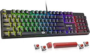 Redragon Mechanical Gaming Keyboard Wired, 11 Programmable Backlit Modes, Hot-Swappable Red Switch, Anti-Ghosting, Double-Shot PBT Keycaps, Light Up Keyboard for PC Mac