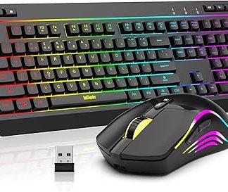 RedThunder K20 Wireless Keyboard and Mouse Combo, Full Size Anti-Ghosting Keyboard with Multimedia Keys + 7D 4800DPI Optical Mice, Rechargeable RGB Gaming/Office Set for PC Laptop Mac Xbox (Black)