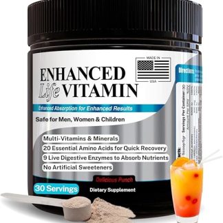Enhanced Life Vitamin Powder - Cold Processed Multivitamin - Amino Acids & Digestive Enzymes for Energy, Mental Focus, & Nutrient Absorption - No Artificial Sweeteners - 30 Servings - Made in USA