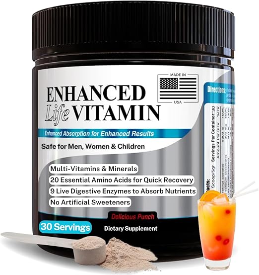Enhanced Life Vitamin Powder - Cold Processed Multivitamin - Amino Acids & Digestive Enzymes for Energy, Mental Focus, & Nutrient Absorption - No Artificial Sweeteners - 30 Servings - Made in USA