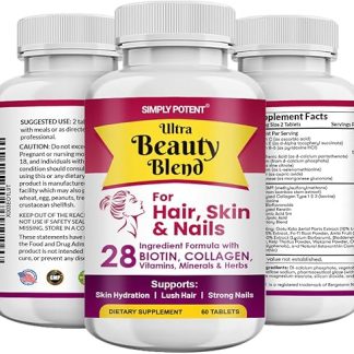 Simply Potent Hair Skin and Nails Vitamins, 28 Ingredient Anti-Aging Natural Supplement, Biotin 5000mcg for Hair & Nails, Keratin & MSM for Hair Growth, Collagen & Hyaluronic Acid for Skin, 60 Tablets
