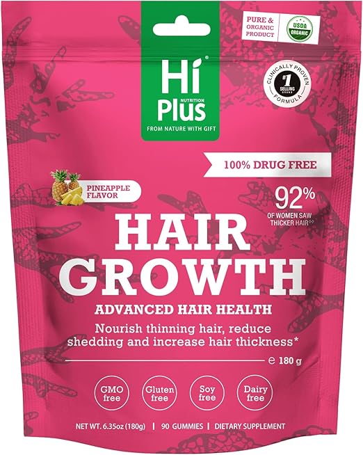Women's Hair Growth Supplement Gummies, Nourishes Thinning Hair & Boosts Hair Thickness, with Collagen, Biotin, Zinc, Vitamin C & Iron – Pineapple Flavor – 90 Gummies, 45 Day Supply