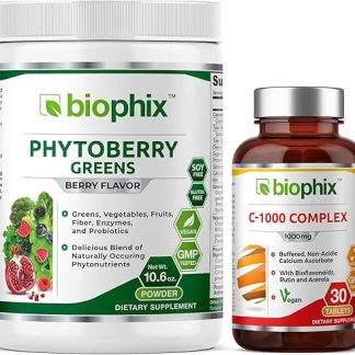 Phytoberry Greens Berry Flavor Superfood Powder 10 oz - Free Vitamin C-1000 30 Tablets - Natural Berry Flavor Greens Vegetables Fruits Fiber Probiotics Smoothie Shake NutritionDrink