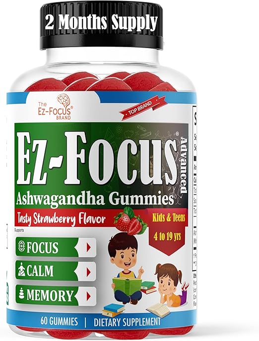 Advance Ashwagandha Root Gummies for Kids & Teens, Brain Supplements for Memory and Focus for Kids, Support Calm Mood, Anti Stress, Relaxation, Sleep, Energy, Low Sugar, 60 Gummy Vitamins