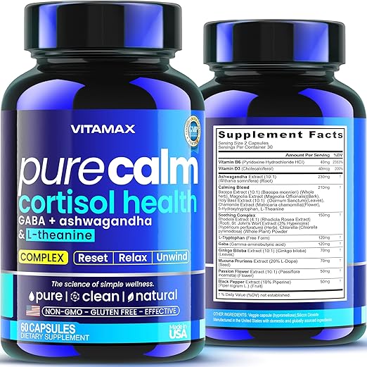 Pure Calm Cortisol Supplement, L Theanine, Ashwagandha, GABA for Relaxation, Fatigue & Stress with Ginkgo Biloba, Bacopa Monnieri, 5-HTP – Non-GMO, Made in USA – 60ct