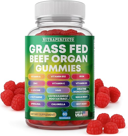 Sugar Free Grass-Fed Beef Organ Supplement Gummies with HMB, Leucine, Vitamin A, B12, C, D3 Supports Muscle Growth, Cognitive Function, Energy, Detoxification Desiccated, Pasture Raised, Grain Free
